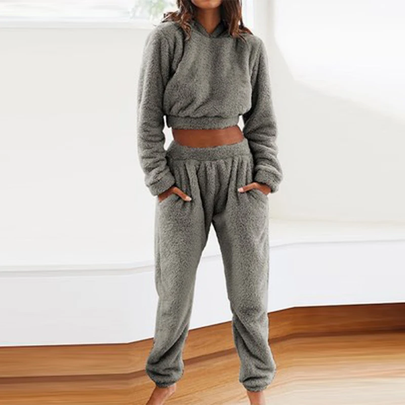 Women Plush Hooded Sweater Two Piece Set Fleece Cropped Long Sleeve Hoodies Pant Sets Female Nice Autumn Lady Casual Home Suit