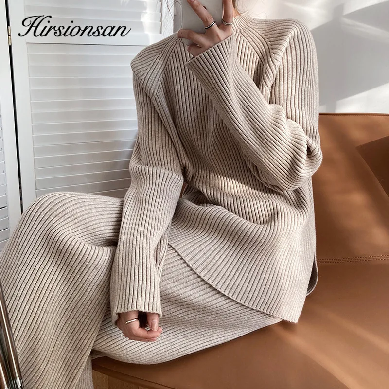 Hirsionsan Soft Cashmere Knitted Sets Women 2023 Autumn Winter Casual Two Pieces Sweater and Pants Outfits Solid Tracksuit Lady