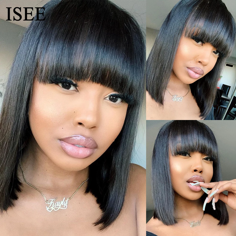 ISEE HAIR Machine Made Sew In Short Bob Wig With Bangs Human Hair Wigs  Brazilian Straight Wig with Bang For Women Glueless Wigs