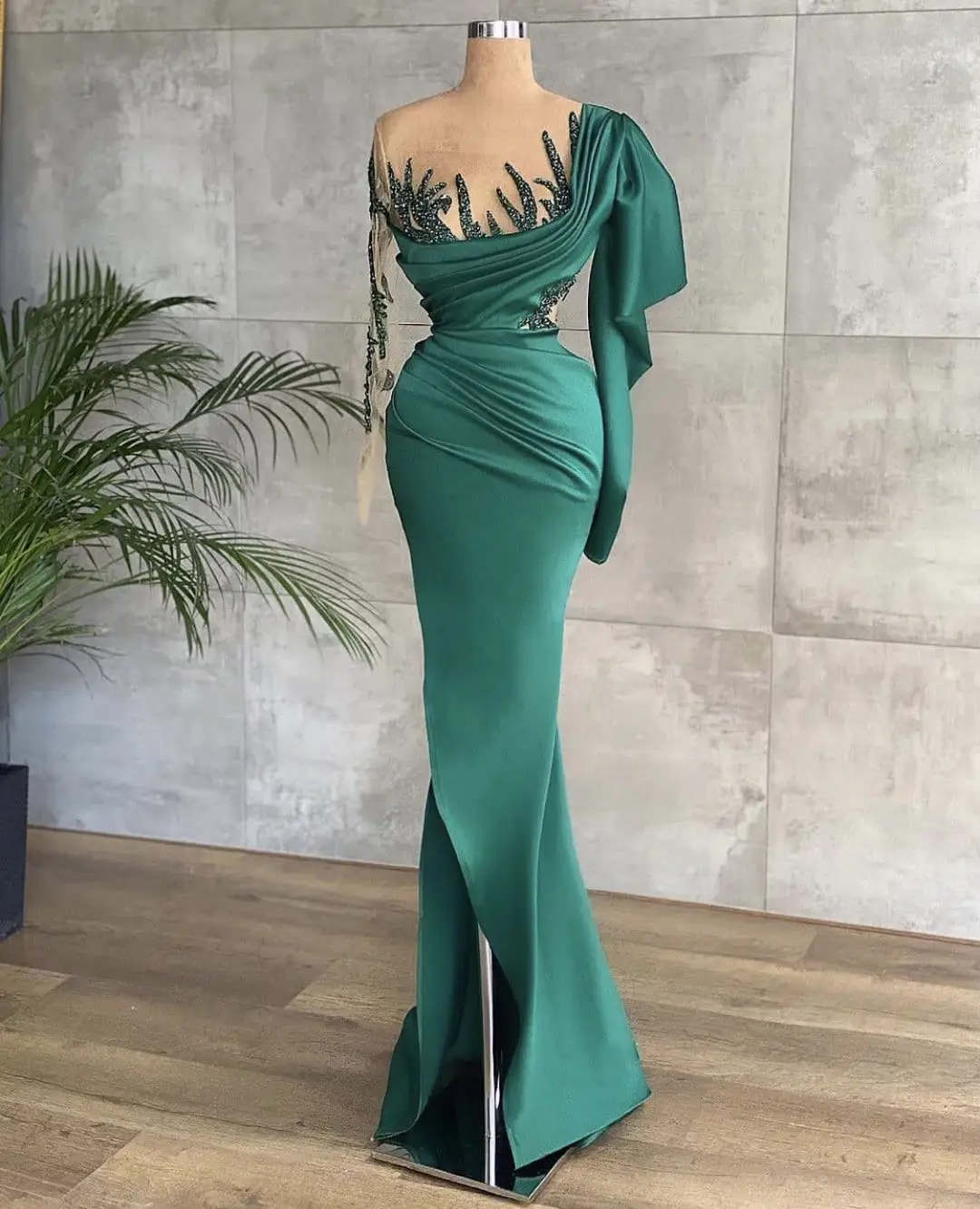 ดูไบ Mermaid สีเขียวมรกตชุดราตรียาวภาพลวงตา Beaded Side Slit ชุดราตรี2021ผู้หญิงเซ็กซี่ Gowns งานแต่งงาน