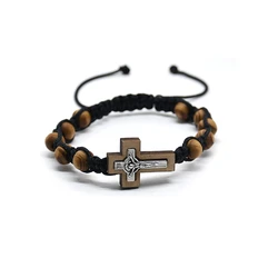 QIGO Jesus Cross Bracelets Brown Wooden Bead Woven Rosary Adjustable Religous Jewelry