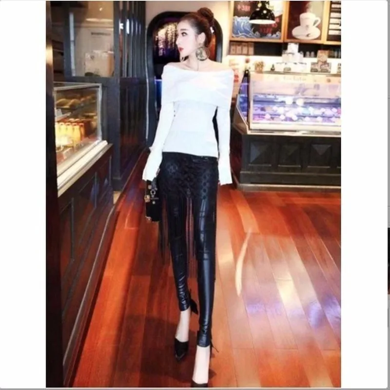 Tassel Leggings Fashion Lift Hips Slimming Lace Fake Two-Piece Bottoming Skort Lady Pu Faux Leather Pants Women's Sheath Pants