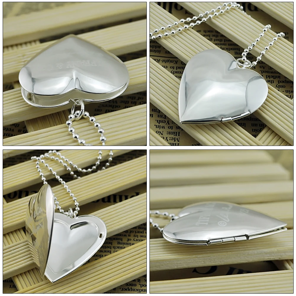 Creative Women\'s 925 Sterling Silver Necklace-Heart Photo Box Pendant Free Customized Photo Anniversary Gift Fine Jewelry
