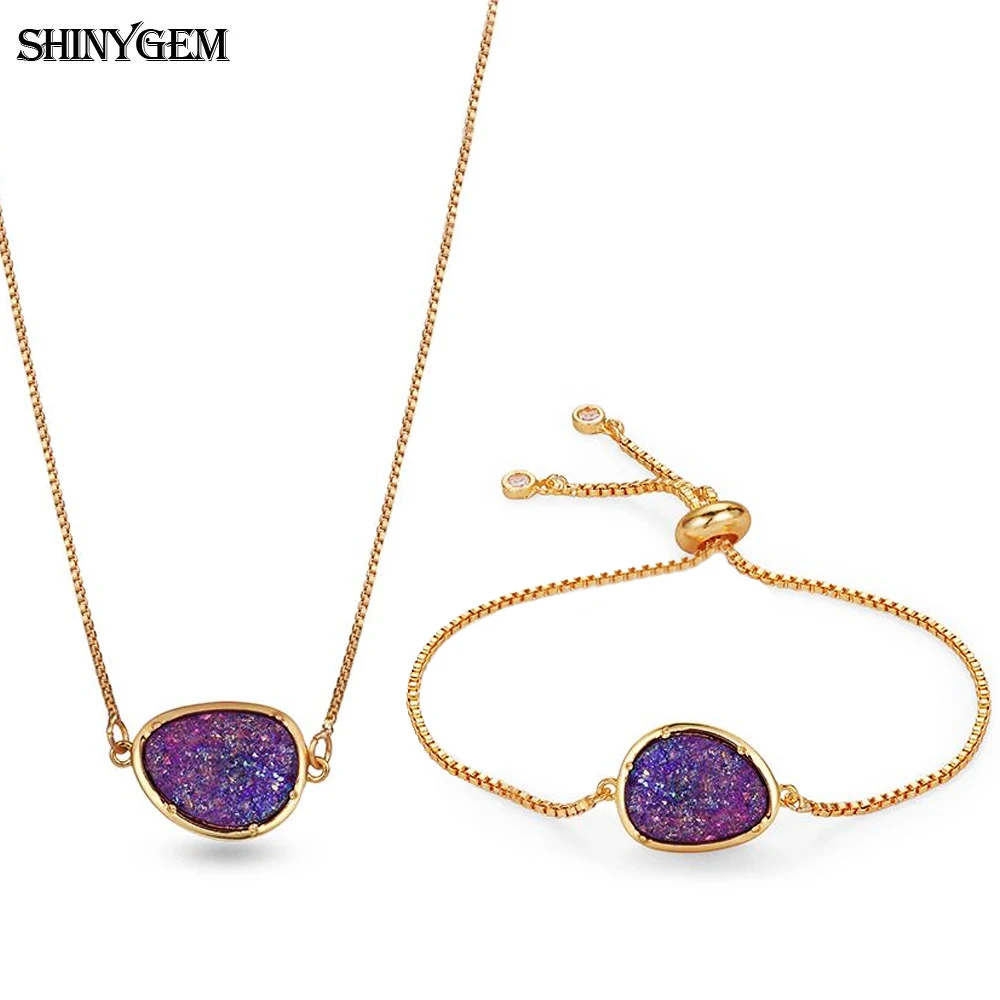 

shinygem natural crystal stone gold plating chain necklace delicate luxury sparkling bracelet jewelry set for women party