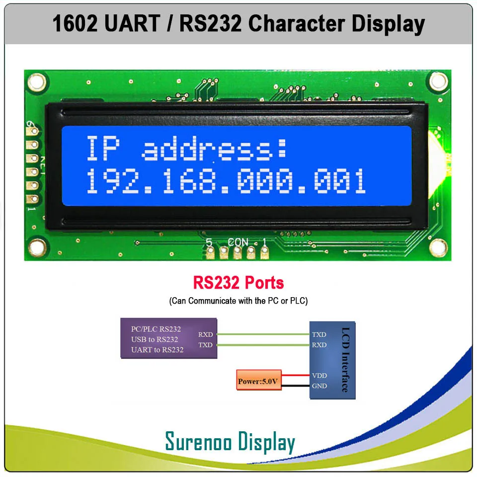 CMOS UART RS232 Serial 1602 162 16*2 Character LCD Module Display Screen LCM for Arduino, Support Keyboard Blue Yellow Green