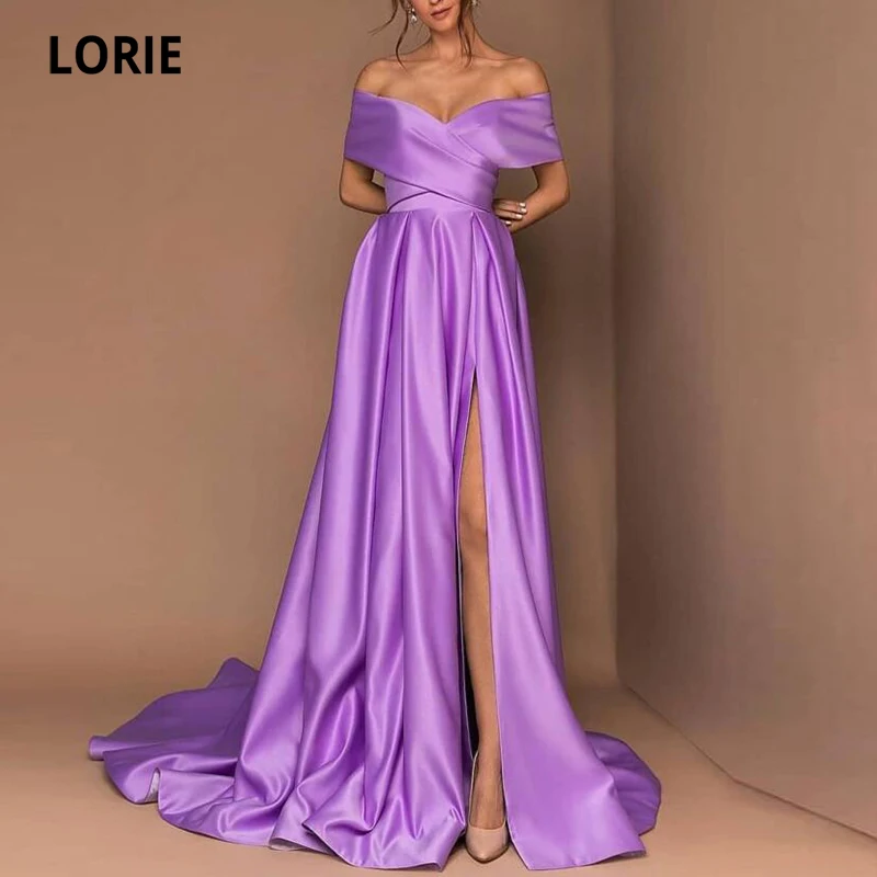 

LORIE Arabic Evening Dress 2021 Off Shoulder Purple Satin Dubai Side Split Prom Dress Mermaid Evening Gowns abendkleider 2021