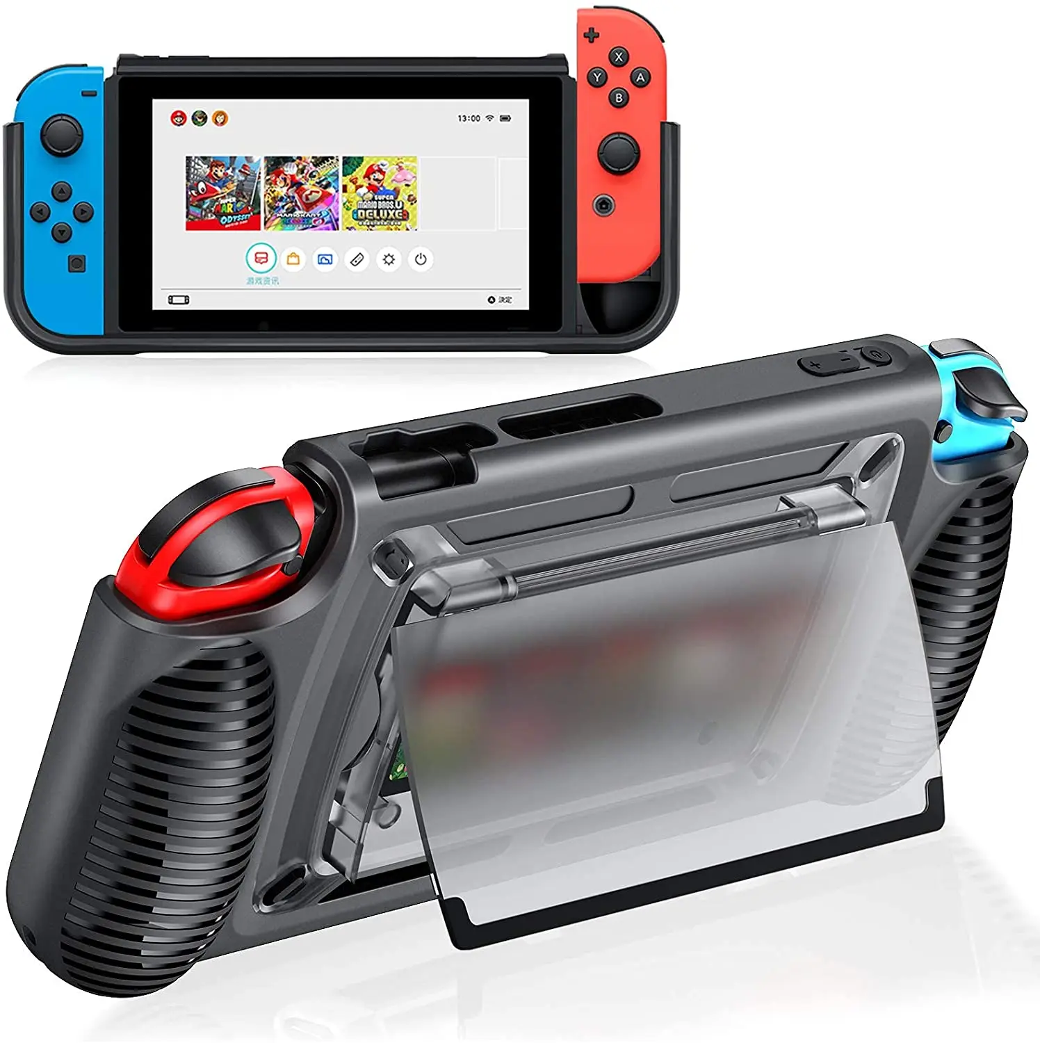 Protective Case for Nintendo Switch Grip Shell with 7 Storage Slots Multi-Angle Adjustable Stand, Handle Cover Shock-Absorption