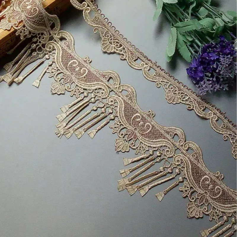 

1 yards coffee Embroidery Strip Tassel Lace Flower Webbing Ribbon Trims Applique for Sofa Cover Curtain Trimmings Lace Fabric