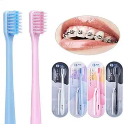 2 pcs/pack V-Shaped Orthodontic Toothbrush Soft Bristle Cleaning with one Inter-Dental Brush Orthodontic Care Tool Tooth Brush