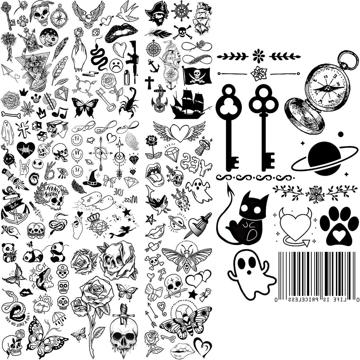 Key Barcode Footprint Cat Temporary Tattoos For Children Seagull Lips Skull Halloween Fake Tattoo Sticker Body Tatoos Cartoon