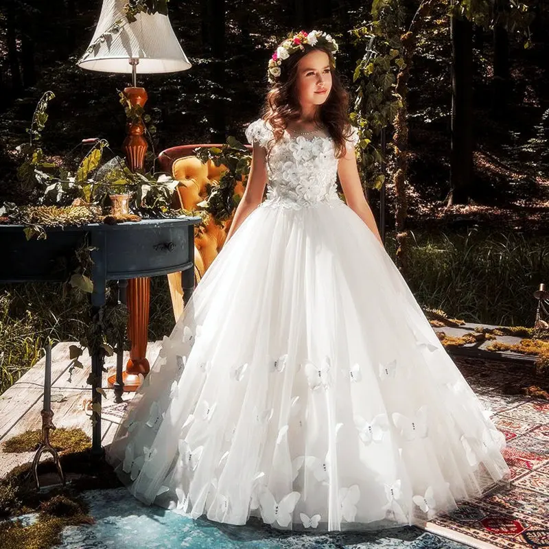 Vestidos de flores para niña, apliques de mariposa, vestidos de desfile para niña, vestidos de graduación para niños de primera comunión, 2014