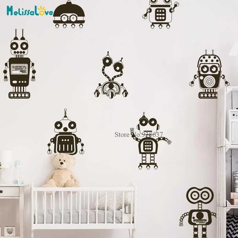 8 pcs/set Large Collection of Robot Wall Decal Boys Playroom Bedroom Decor Removable Wall Sticker BB684