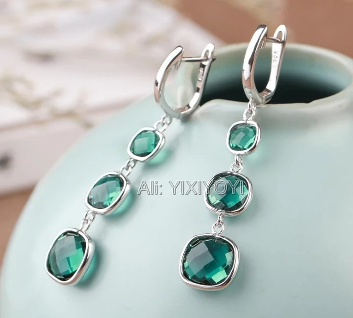 

Beautiful 925 Silver Green Crystal Inlay Dropping Earring Pretty Lucky Long Dangle Earrings for Woman Charming Fashion Jewelry