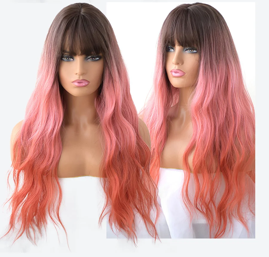 Wig 7JHH Wig Harajuku Merah Muda Coklat Lolita Panjang Dua Warna Wig Cosplay Realistis dengan Poni untuk Wanita Wig Bergelombang Rambut Sintetis