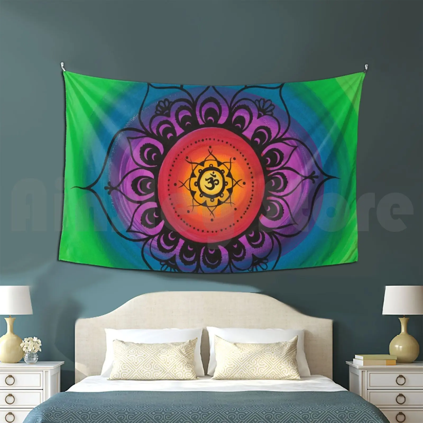 Om Mandala Tapestry Background Wall Hanging Om Mandala Om Mandala Flower Spirit Yellow Orange Red Pink Purple Blue