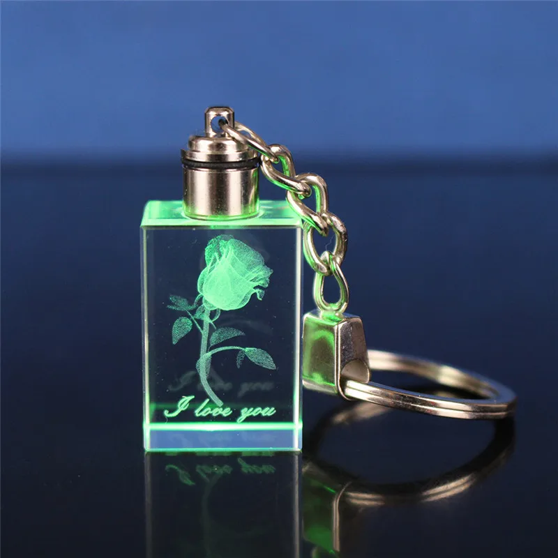 20 Stück Kristall Rose Blumenmuster LED Licht Schlüssel bund quadratische Herzform Anhänger Schlüssel ring mit Box Schmuck Ich liebe dich Geschenk