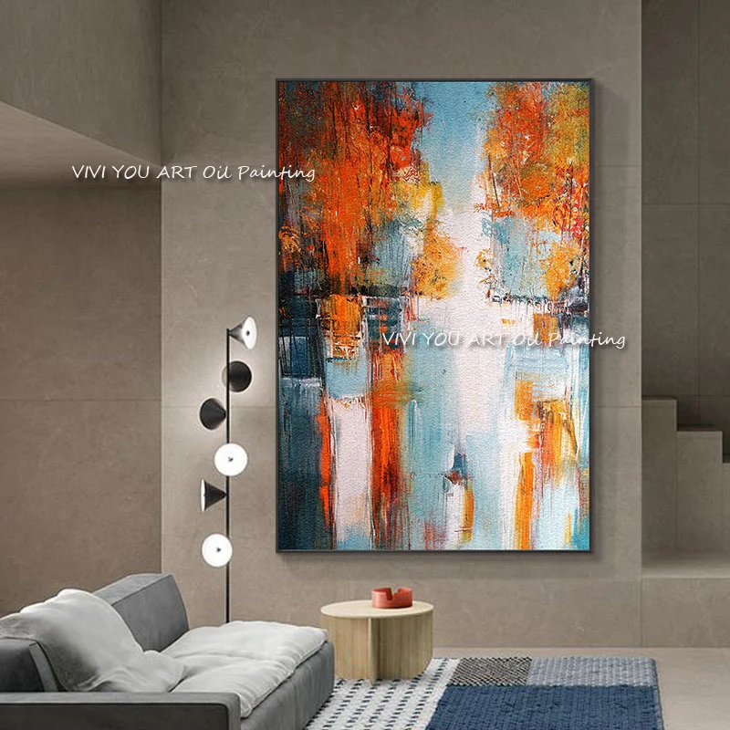 Hand Paint Orange Blue Black Abstract Modern City Landscape Thick Texture Oil Painting Home Decor Canvas Textured Wall Art