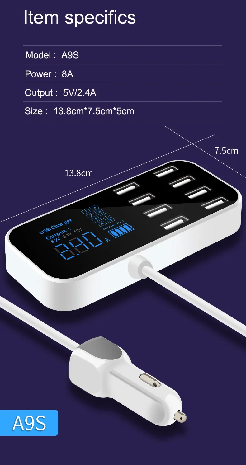 Carregador de carro rápido 8 portas multi usb display lcd carregador carro carga rápida para o iphone 6 7 8 x xr xs 11 por max samsung mate30 por
