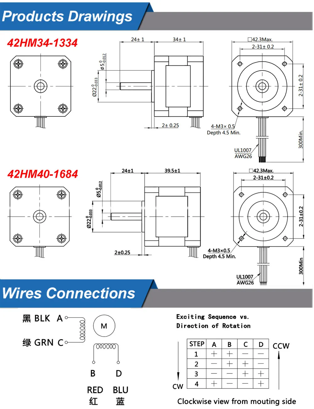 Nema 17 42 Motor 0,9 Grad Stepper Motor 42HM 1,33 A 1,68 A 2.2/3,3 kg.cm 34mm 40mm Stepping Motor 4-blei für CNC 3D Drucker – Detail 5