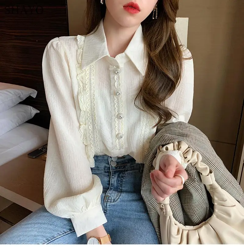 

2021 Korean Style Ruffles Lace Shirts Ladies Japanese Sweet Shirt Women's Puff Sleeve Top Chic Single-Breasted Blouses Fashion