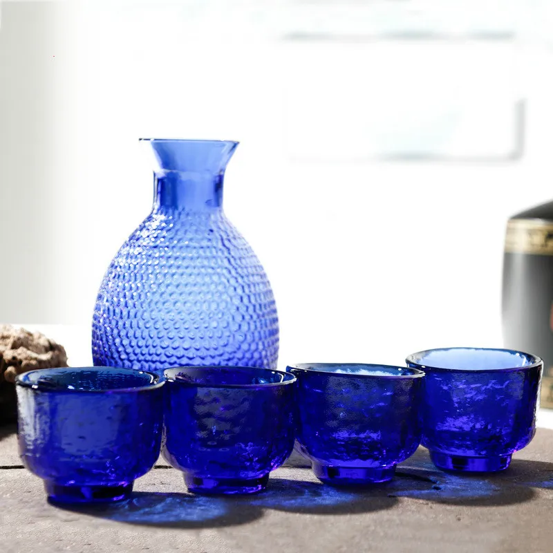 New Style Blue 1 Pot 4 Glass Cup Wine Set Hammer Mesh Pattern Sapphire Blue Glass Hip Flask Bar Set Wine Bottle Wine Decanter