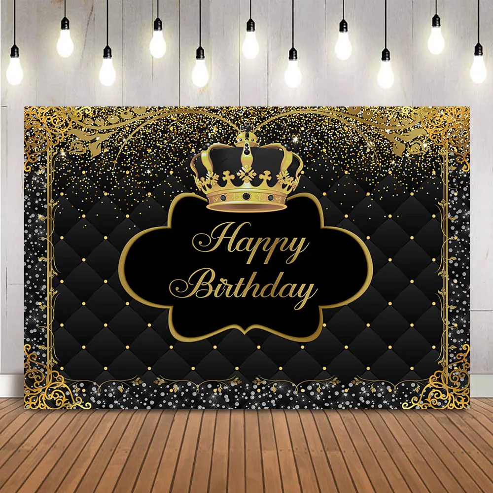 Black Boy Birthday Backdrop Crown Gold Glitter Birthday Party Decoration Customize Personalize Photo Background Photoshoot Props