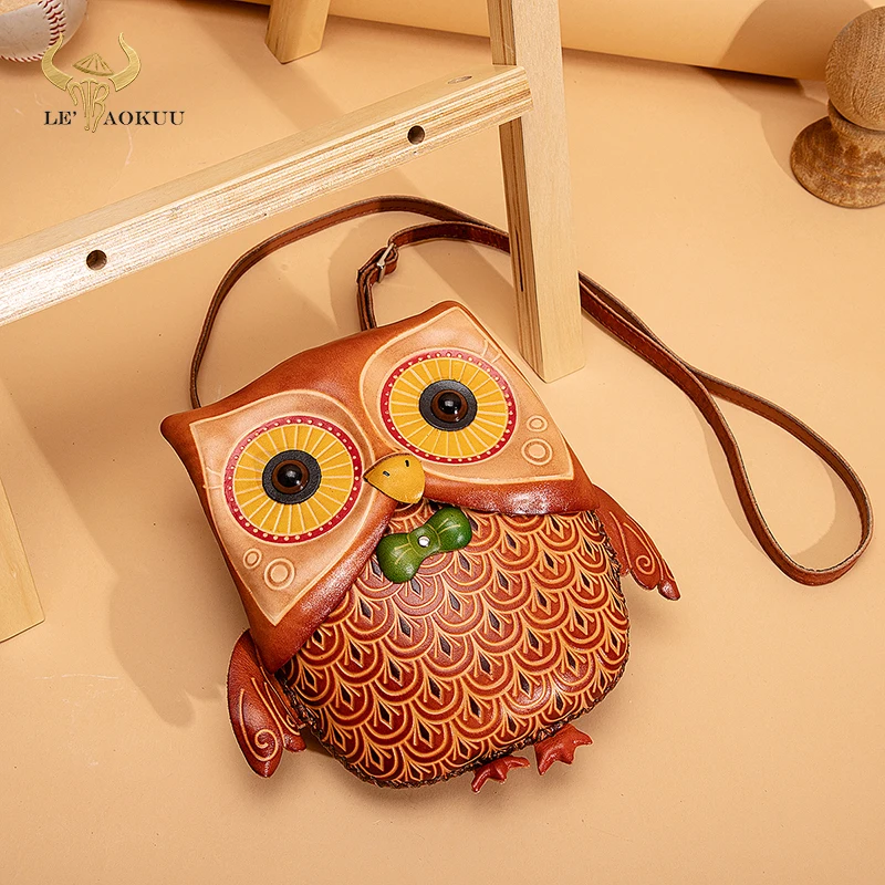 

2021 Genuine Leather Luxury Designer Women Mini Purse Handbag Ladies Over The Shoulder Satchel Bag Cute Owl 6" Phone Pouch