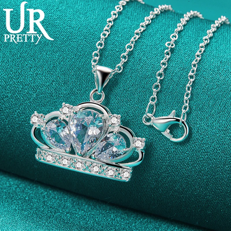 URPRETTY 925 Sterling Silver Crown Necklace 16/18/20/22/24/26/28/30 Inch Snake Chain For Woman Party Engagement Wedding Jewelry