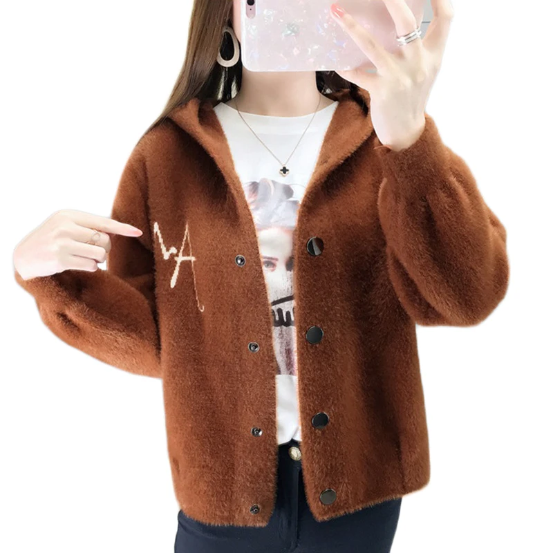 

Elegant Fur Coat Women Tops Shaggy Short Coat Female Letter Print Hooded Jacket Autumn Imitate Mink Cashmere Outerwear 1989