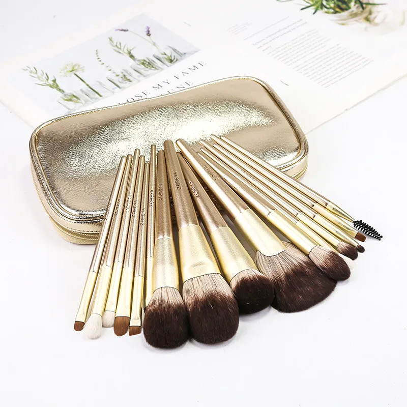 ZOREYA Gold Makeup Brushes Set 16Pcs Professional Make Up Brush Kits Large Fan Powder Blush Highlight Eyeliner Cosmetic Tool