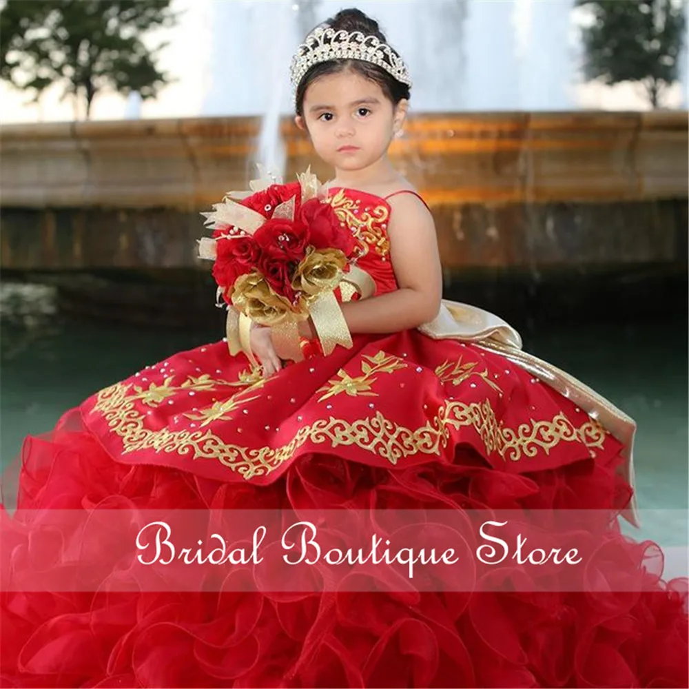 Bordado vermelho crianças vestido de princesa com arco beleza pageant bonito inchado flor menina festa de aniversário vestido de baile vestidos de renda-up