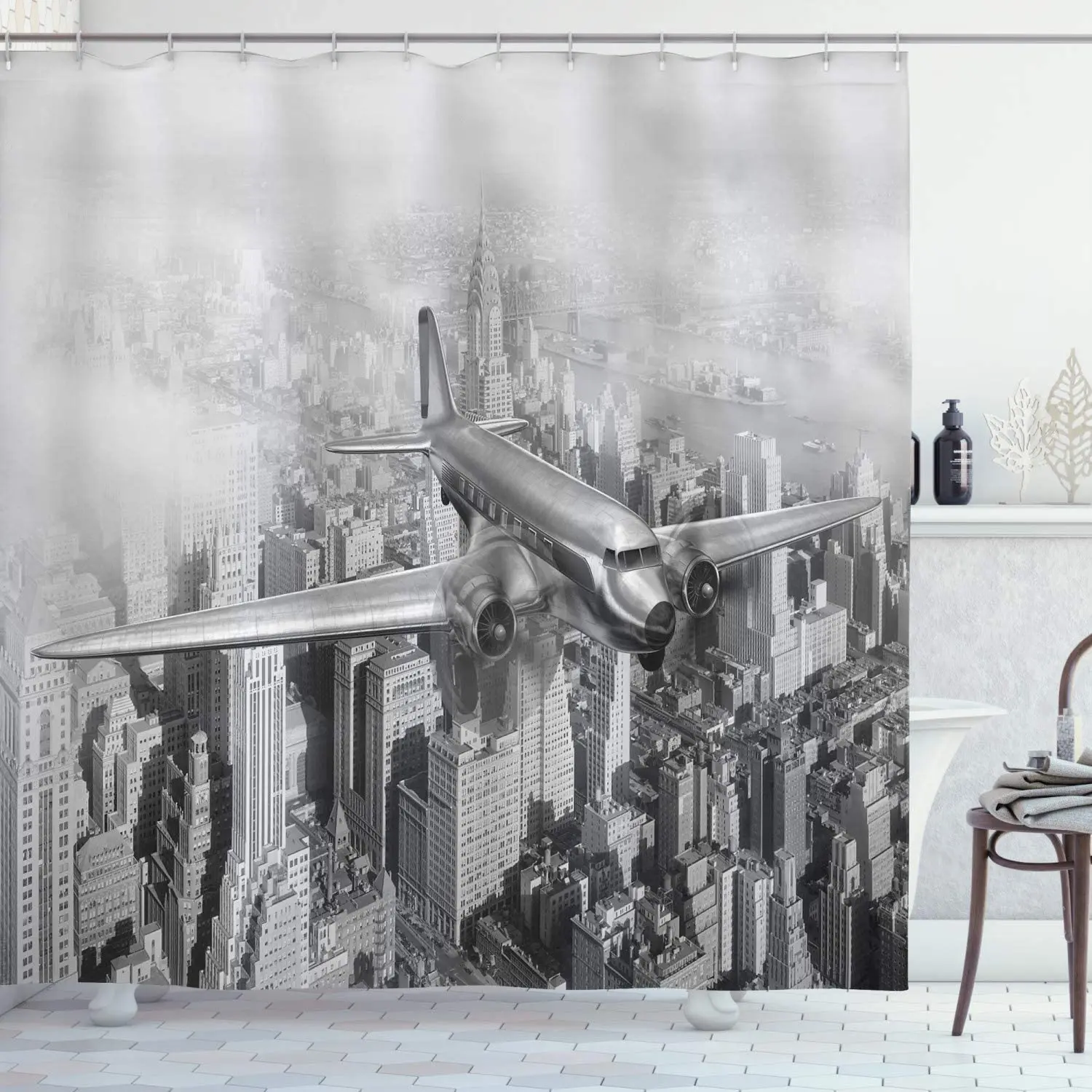 Vintage Shower Curtain Nostalgic Dated Plane Flying Over Skyscrapers in New York City Urban Life Bathroom Decor Set with Hooks