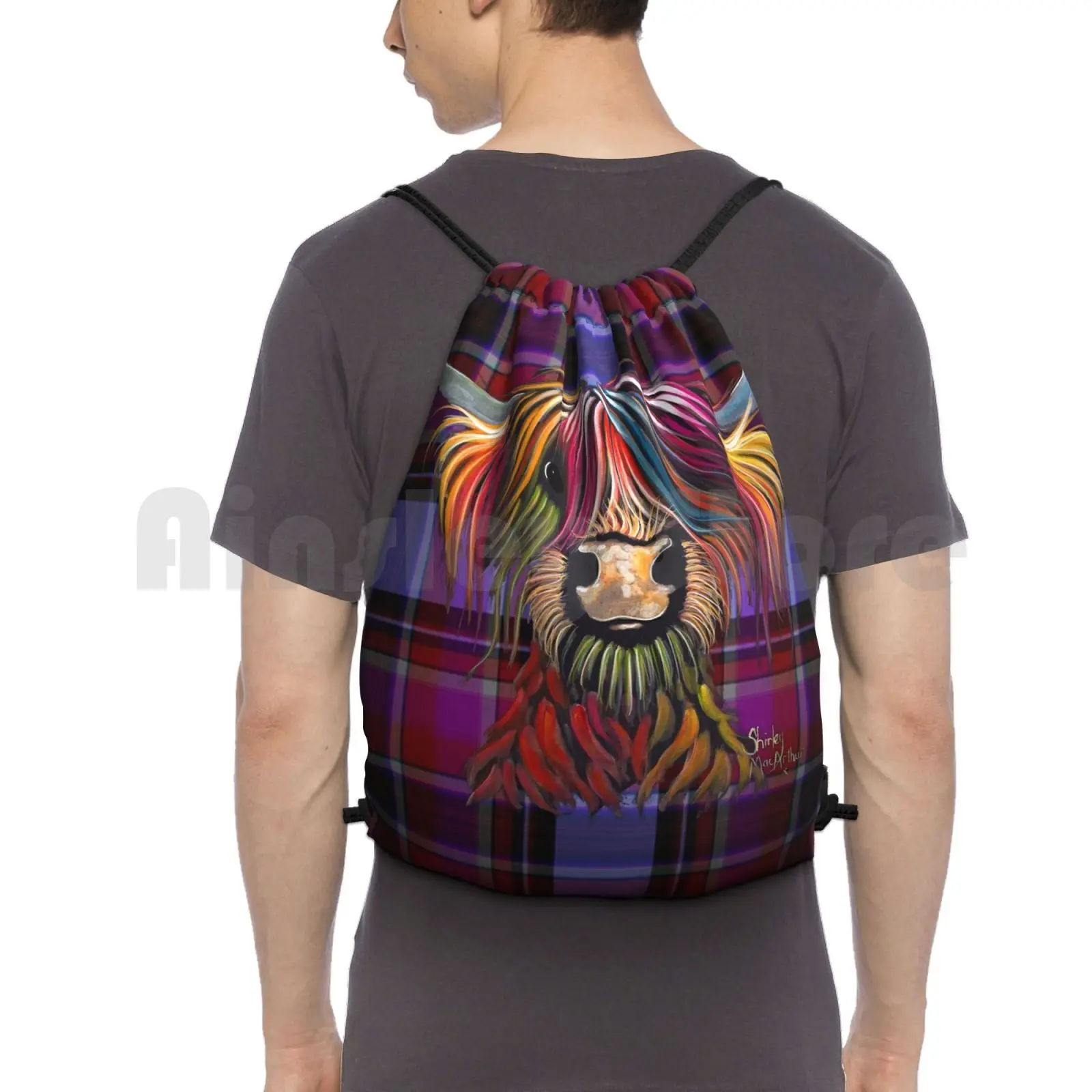 

Scottish Highland Cow ' Tartan Oliver P ' By Shirley Macarthur Backpack Drawstring Bag Riding Climbing Gym Bag Cow Clan