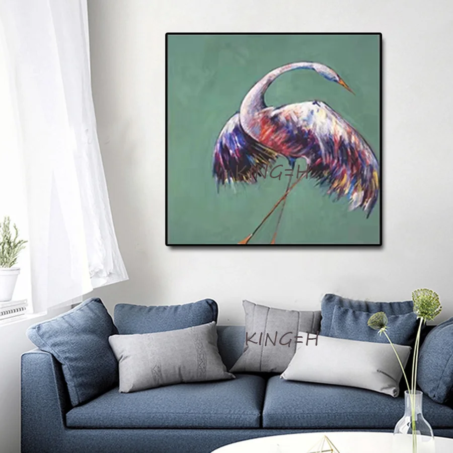 Children's Room Decoration Red-Crane Birds Oil Painting Pure Hand Painted Abstract Animal Canvas Wall Art For Hotel Decoration