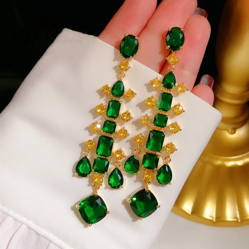

Artificial Emerald Drop Earrings For Women S925 Needles Long Earring Water drop Cube Pendant Tassels Brincos Fine Jewelry