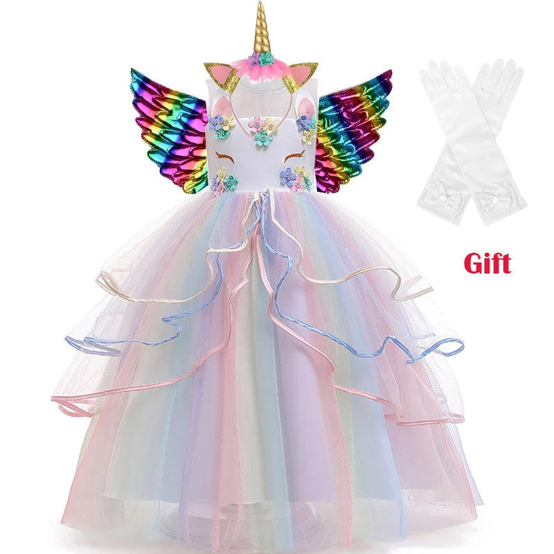 Baby Girls Dress Flower Girls Wedding Party Dress Toddler Kids Birthday Vestidos Long Unicorn Rainbow Dresses 4 to 12 Y