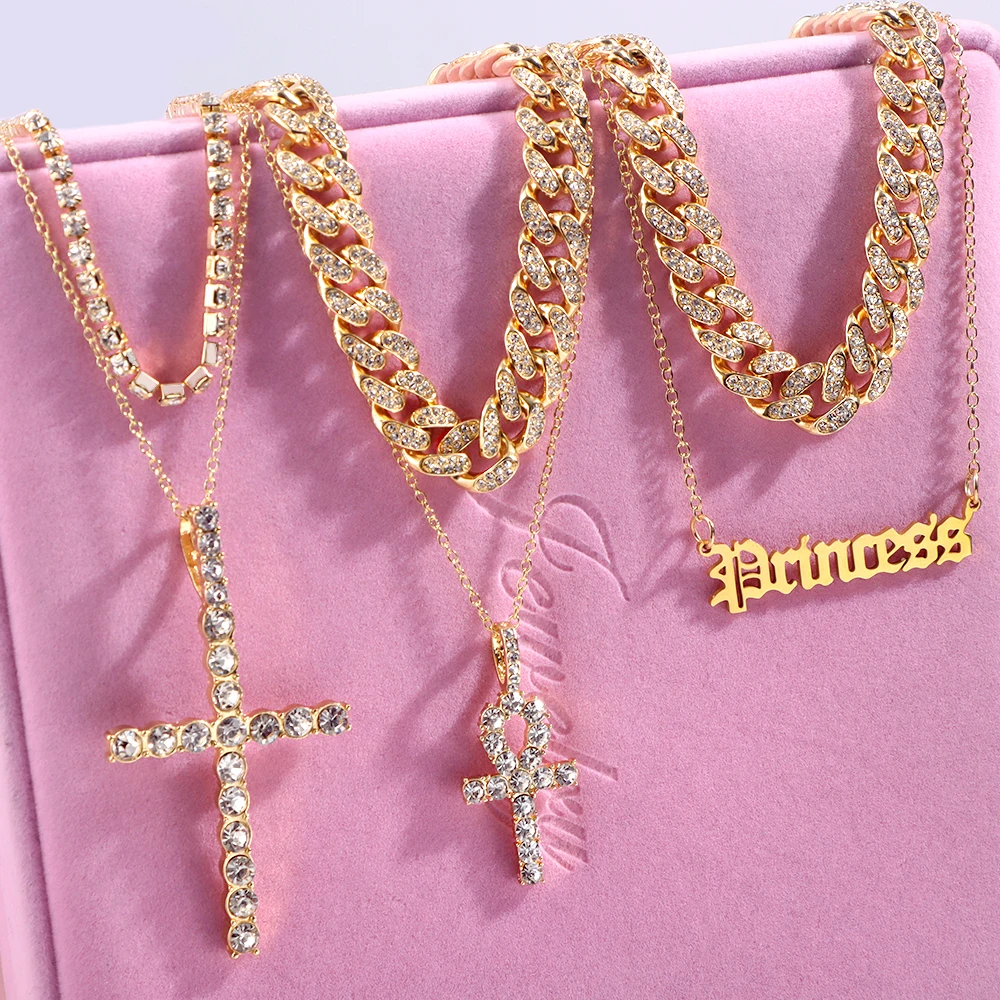 

Flatfoosie Bling Rhinestone Cross Letter Pendant Necklaces For Women Multilayer Cuban Link Butterfly Chain Necklace Punk Jewelry