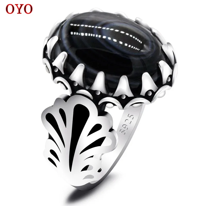 

100%925 Silver Leaf Ring Black Gemstone Men's Ring New Beads Europe and America