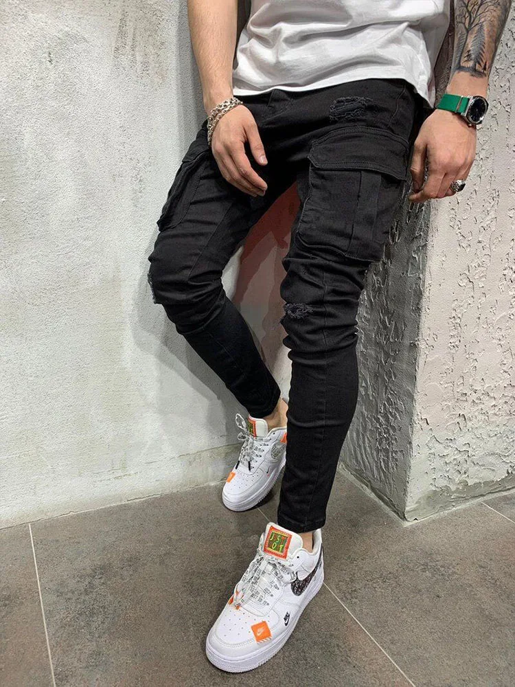 Men Stretchy Multi-pocket Skinny Ripped Jeans Men\'s Slim Fit Jogger Pencil Pants 2021 Fashion jeans Sweatpants Hip hop Trousers