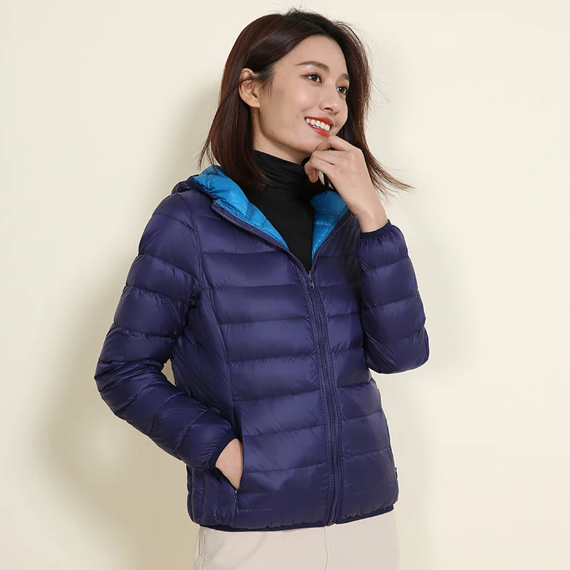 Double Side Reversible Autumn Winter Women Ultra Light White Duck Down Coat Female Hooded Down Jacket Windproof Puffer Outwear