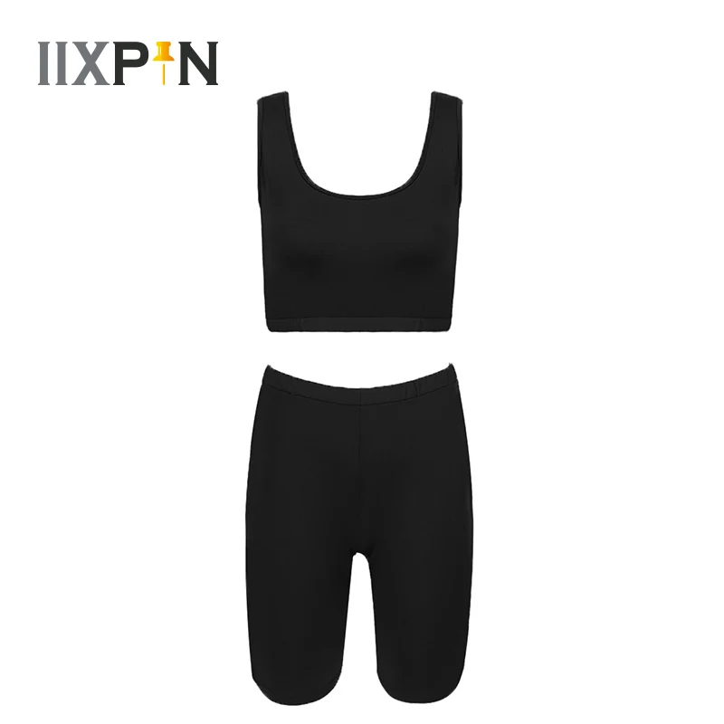 Women Ballet Dance Cosutme Sweat Suit Sleeveless Bodycon Tank Top Shorts Solid Color Two-piece Sports Set Running Yoga Costume