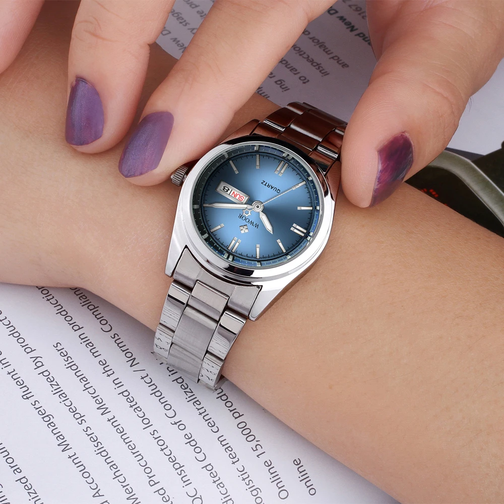 WWOOR-reloj azul de lujo para mujer, pulsera de acero inoxidable con fecha y semana, femenino