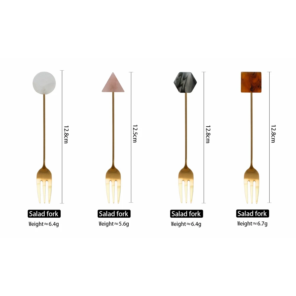 4pcs Stainless Steel Small Spoon Fork Set INS Coffee Tea Stirring Household Gold-Plated Acrylic Geometric Shape Spoons Forks