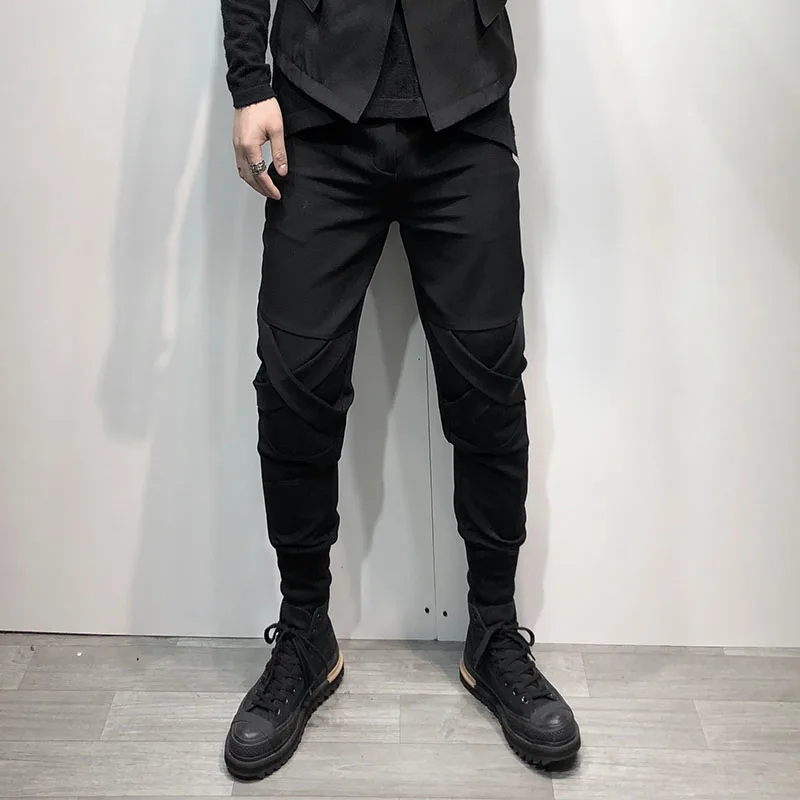 Leggings men's spring Large size dark style simple splicing slim tapered pants Harajuku style versatile slim overalls