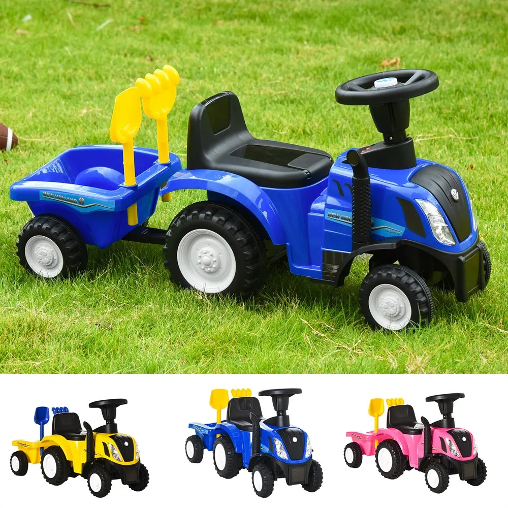 HOMCOM 12-36 Months Children Tractor with Removable Trailer Car Car Slide with Headlights Shovel and Rake 91x29x44cm