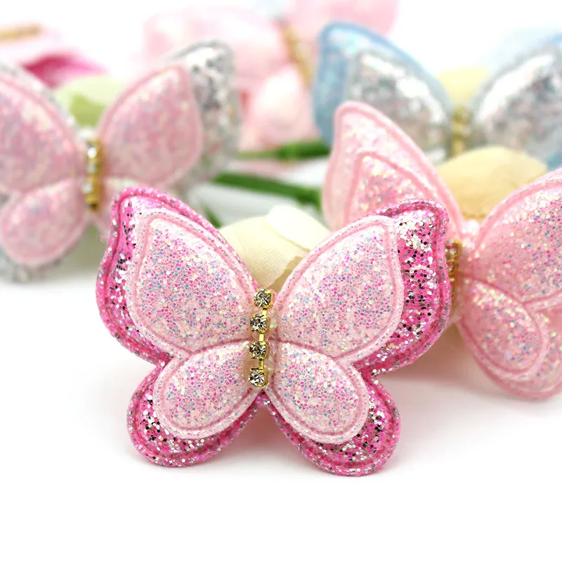 18Pcs 3.5*4.2cm Double Layers Handmade Glitters Butterfly Padded Appliques For Baby Headwear Hair Clips Decor Accessories