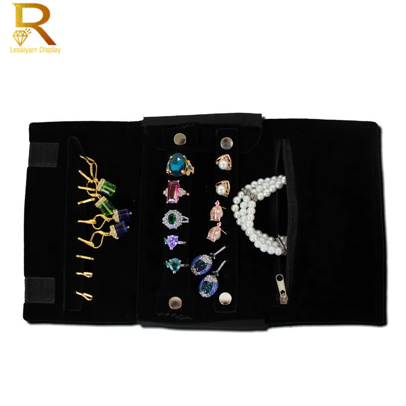 Elegant Burgundy or Black Velvet Small Jewelry Organizer Roll Travel Zipper Bag Case For Multiple Necklace Ring Earrings Storage