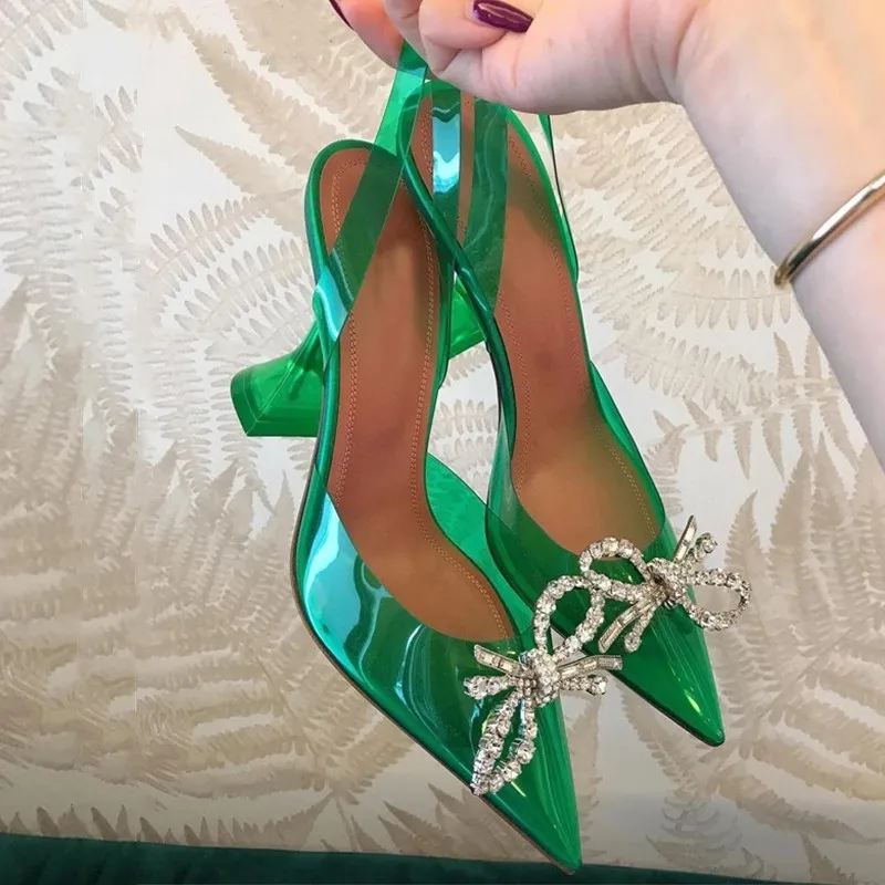 Zapatos de tacón alto de PVC transparente para mujer, calzado de lujo con lazo de cristal, a la moda, para boda y fiesta de verano