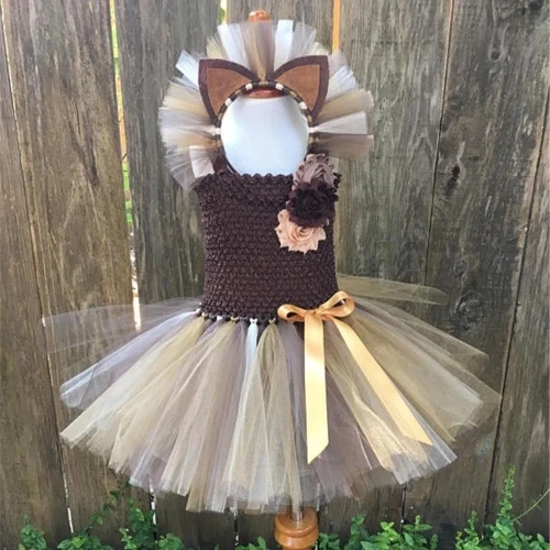 Girls Lion Cartoon Tutu Dress Kids Crochet Tulle Straps Dress with Flower Hairbow Children Birthday Party Costume Cosplay Dress