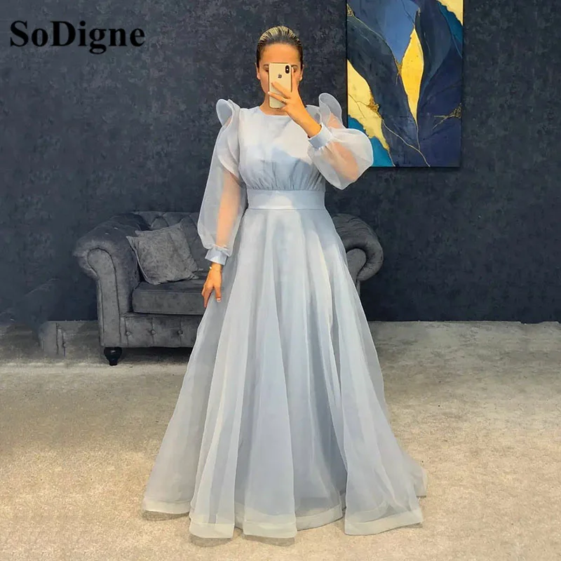 Sodigne-青いイブニングドレス,地面の長さ,パフスリーブ,カスタムメイドのフォーマルドレス,パーティードレス,2022